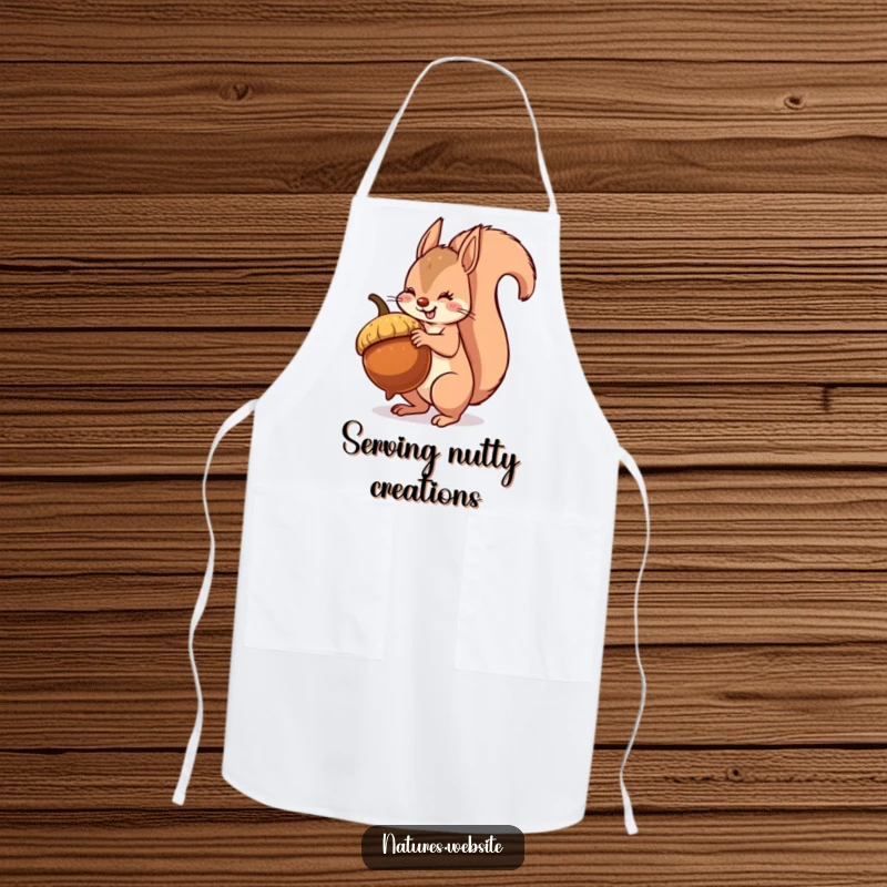 Funny squirrel apron depicting a determined squirrel balancing a giant acorn, ready for humorous kitchen adventures.
