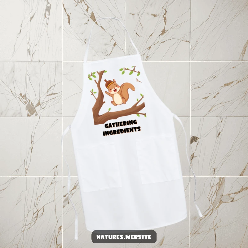 Funny apron featuring a joyful squirrel in an acorn cap leaping between branches, perfect for an energetic cook.