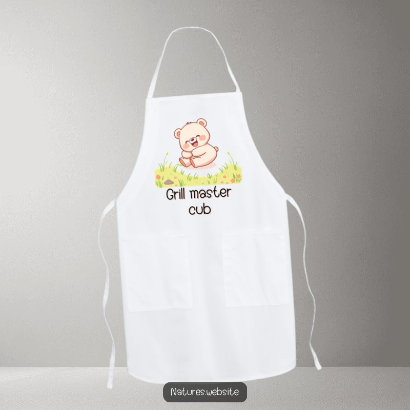 Funny apron featuring a happy bear cub rolling down a grassy hill, giggling, perfect for a playful cook.