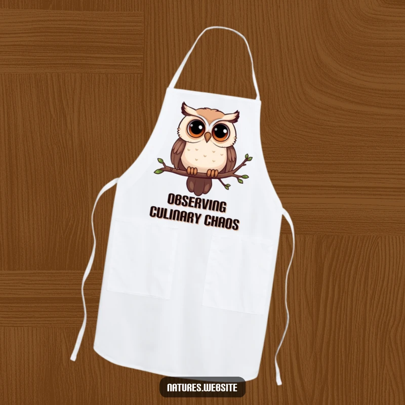 Funny owl apron showcasing a curious owl with large eyes on a wobbly branch, ready for kitchen adventures.