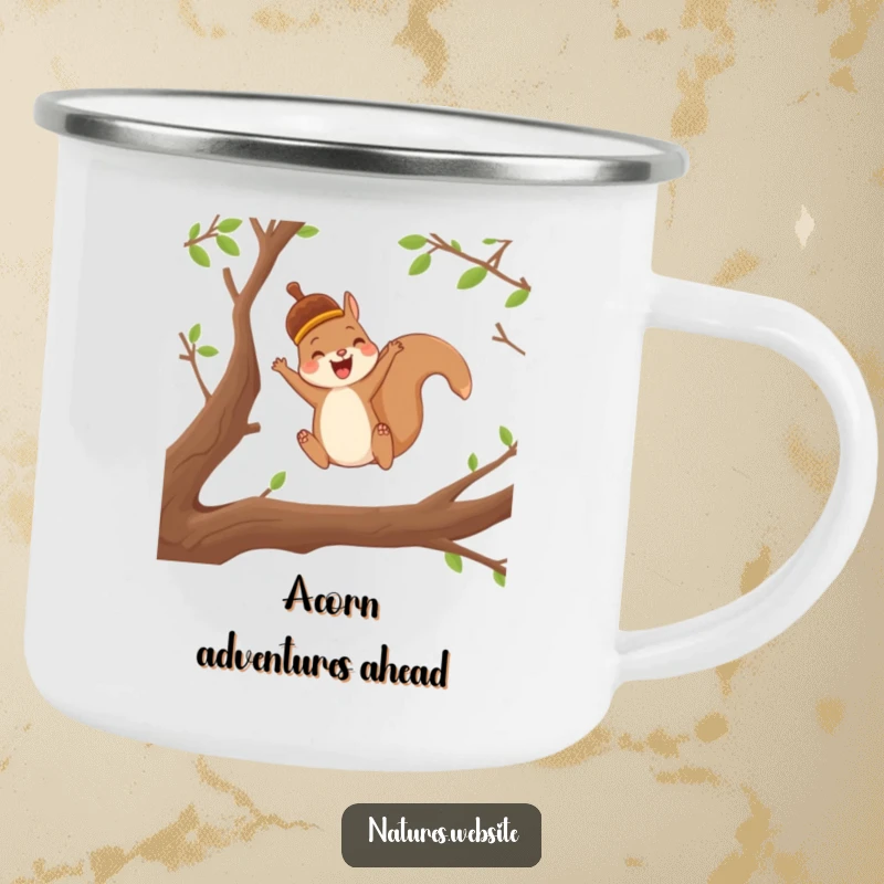 Funny camping mug with a joyful squirrel in an acorn cap leaping between branches, designed for outdoor fun.
