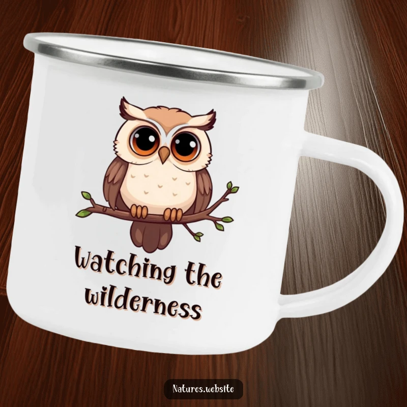 Funny owl camping mug featuring a curious owl with big eyes on a swaying branch, ideal for rugged humor.