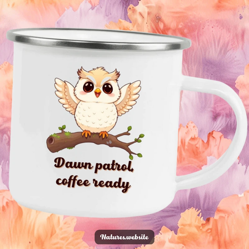 Funny owl chick camping mug showing a joyful chick flapping tiny wings on a mossy branch, perfect for outdoor humor and warm beverages.
