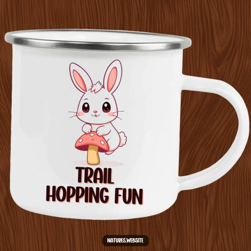 Funny camping mug depicting a bouncing bunny with big curious eyes, hopping over a small mushroom.