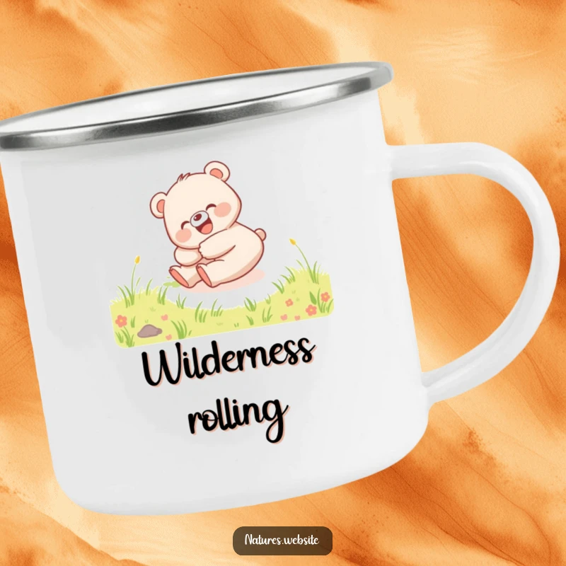 Funny camping mug with a happy bear cub rolling down a hill, giggling, designed for outdoor fun.