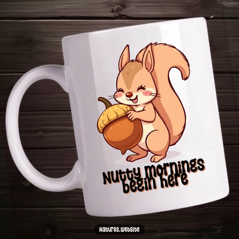 Funny squirrel mug with a bushy tail joyfully balancing a comically giant acorn, representing effort and humor.