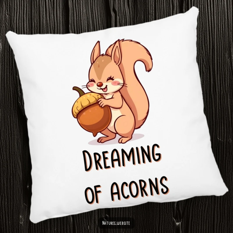 Funny squirrel pillow with a bushy tail cheerfully balancing a huge acorn, offering a comical and cozy decorative element.