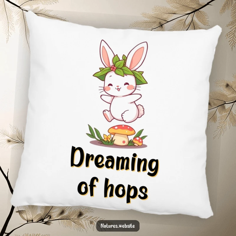 Funny pillow with a cute bunny hopping over a mushroom, ideal for adding whimsical comfort.
