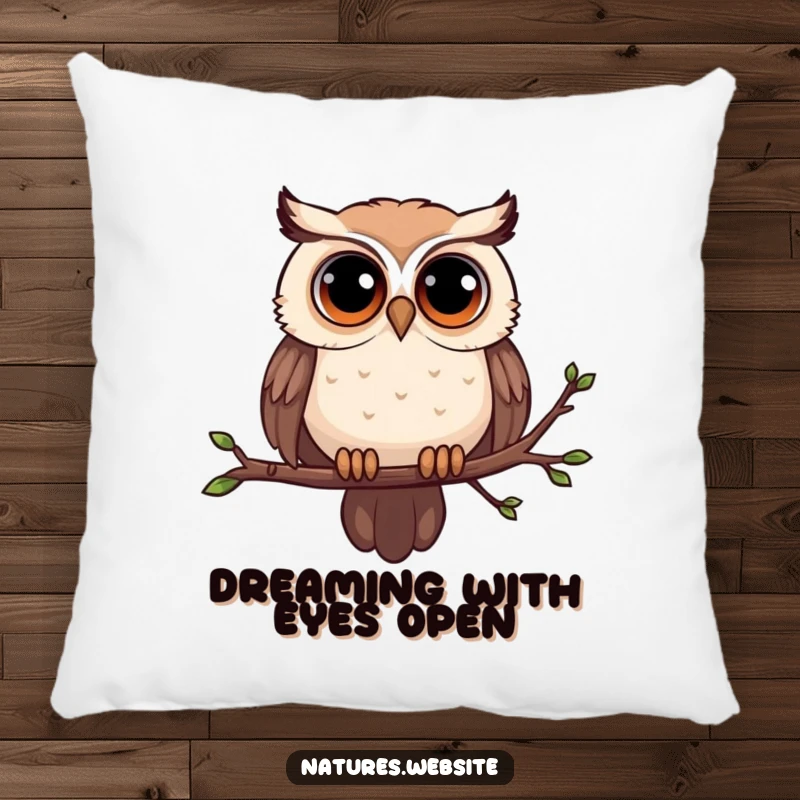 Funny owl pillow featuring a curious owl with wide eyes on a swaying branch, offering comfort and laughter.