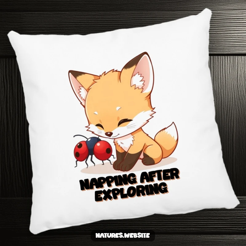 Funny fox cub pillow depicting a curious cub gently nudging a ladybug, offering a comical and comforting decorative element.