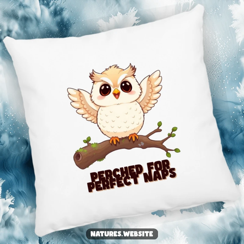 Funny owl chick pillow depicting a joyful chick flapping tiny wings on a mossy branch, offering a comical and comforting decorative element.
