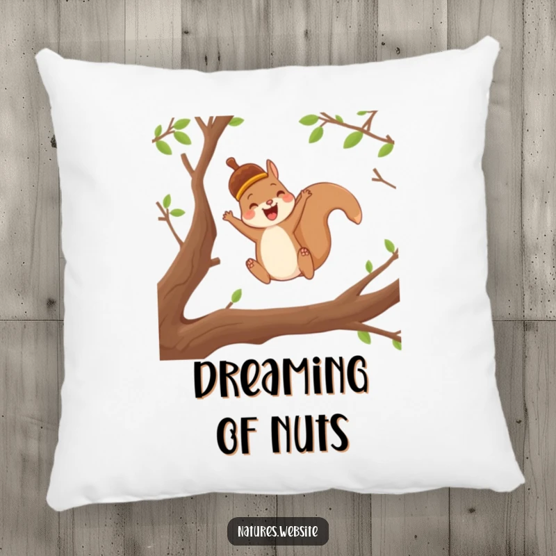 Funny pillow featuring a joyful squirrel in an acorn cap leaping between branches, ideal for whimsical comfort.