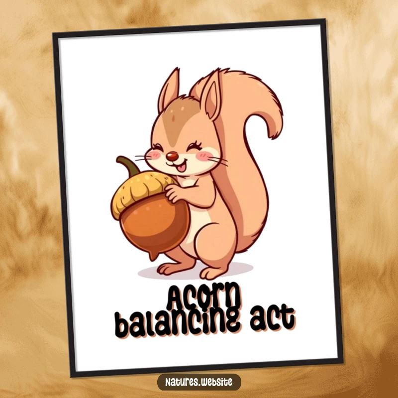 Funny squirrel digital art print of a squirrel joyfully balancing a giant acorn, conveying playful struggle and humor.