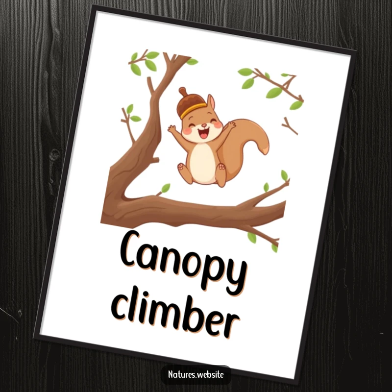 Funny digital art print of a joyful squirrel in an acorn cap leaping between branches, adding natural energy.