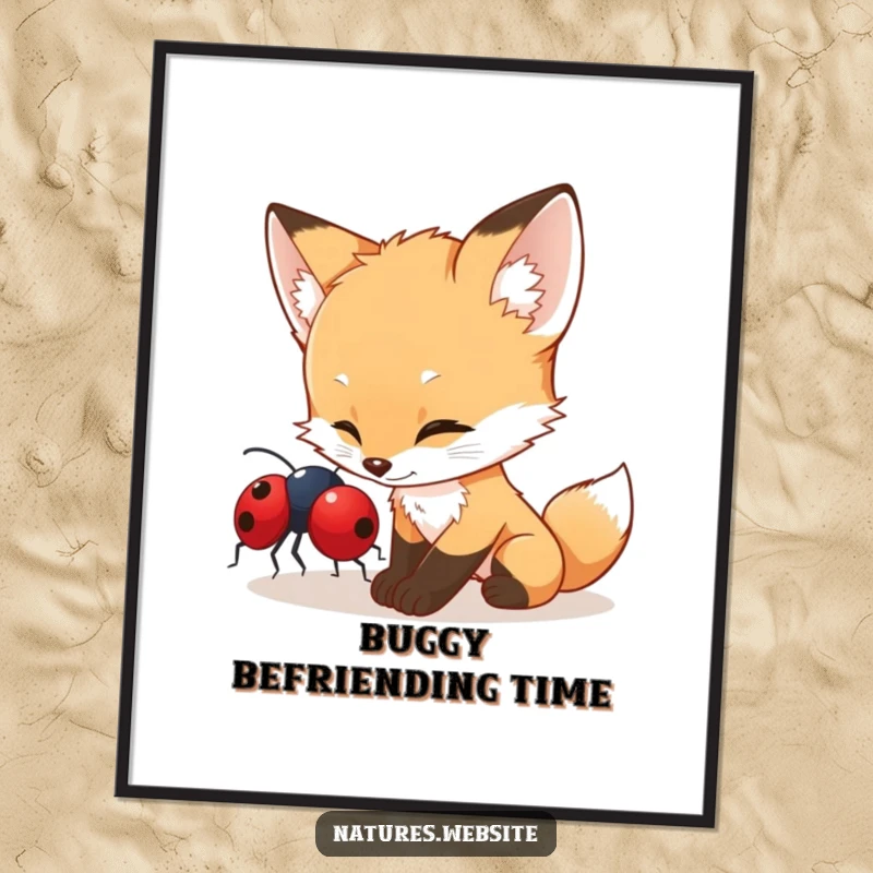 Funny fox cub digital art print of a curious cub playfully nudging a red ladybug, evoking gentle exploration and humor.