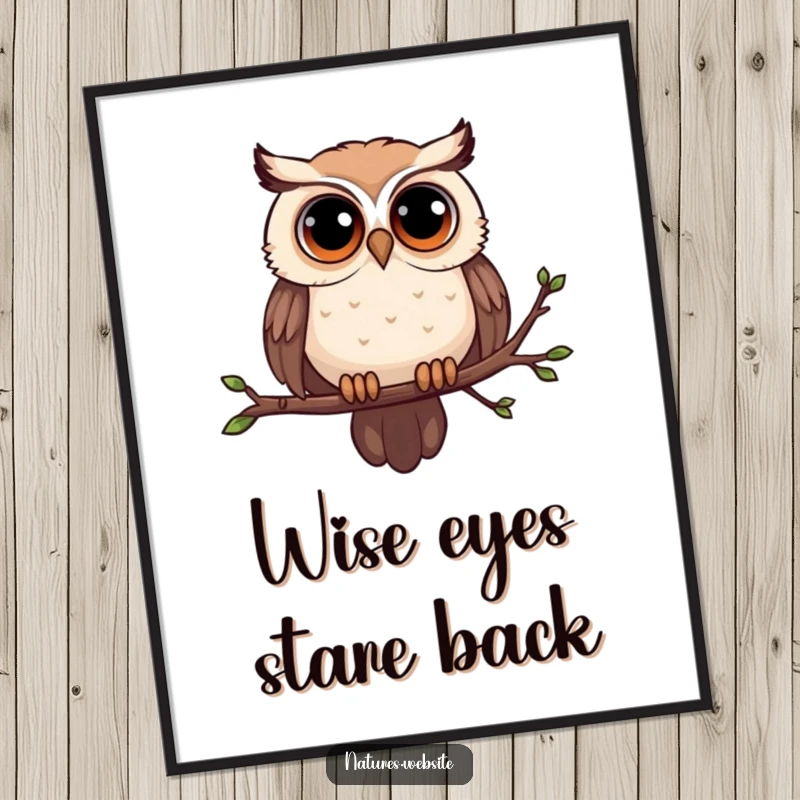 Funny owl digital art print of a curious owl with large eyes on a swaying branch, ready to bring smiles.