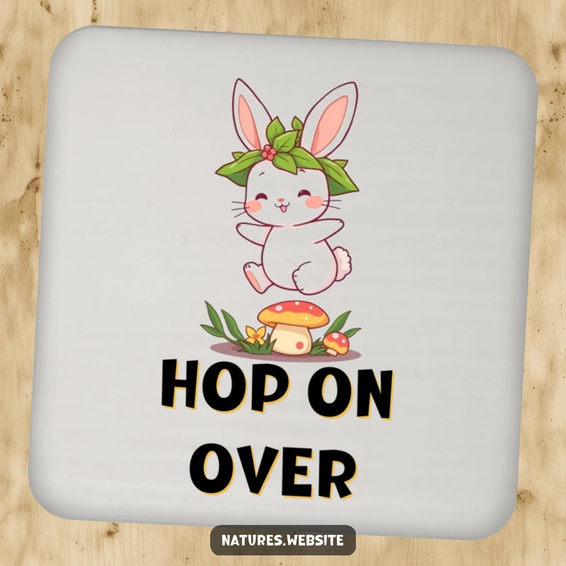 Funny drink coaster with a cute bunny hopping over a mushroom, adding whimsical decor.