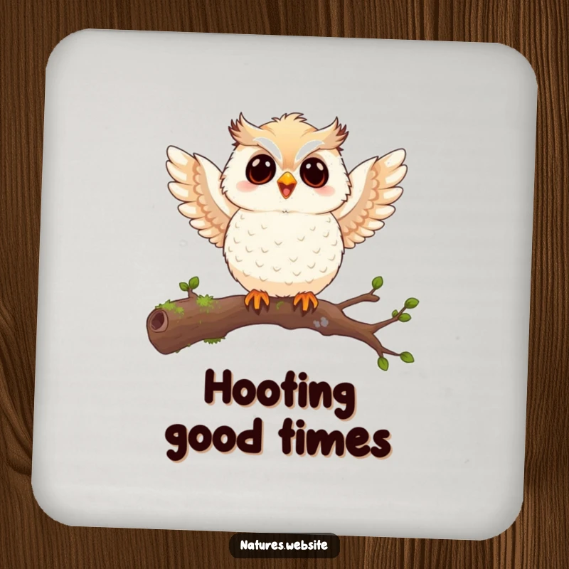 Funny owl chick drink coaster showing a joyful chick flapping tiny wings on a mossy branch, protecting surfaces with a touch of charm.