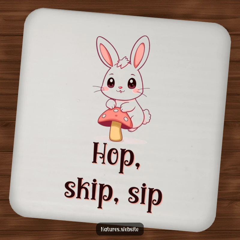 Funny drink coasters showing a bouncing bunny, big curious eyes, hopping over a small mushroom.