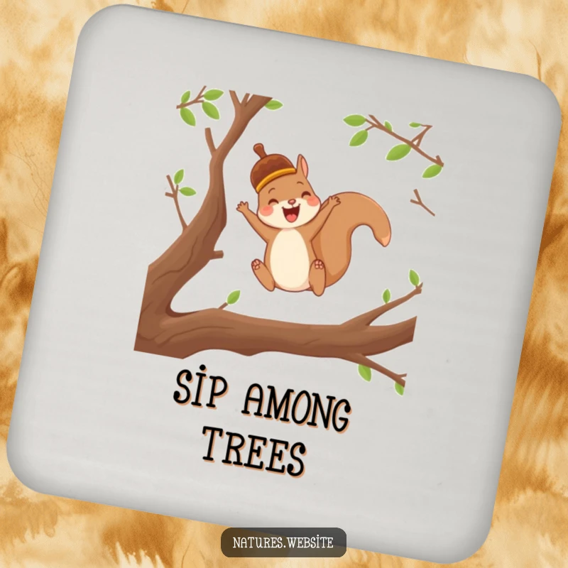 Funny drink coaster with a joyful squirrel in an acorn cap leaping between branches, adding nature decor.