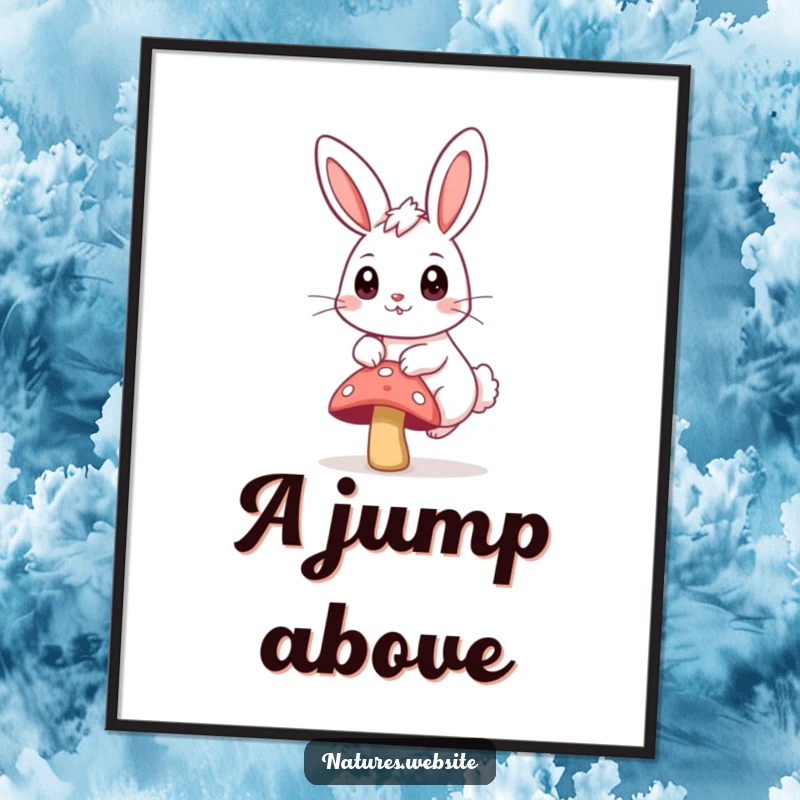 Funny poster depicting a bouncing bunny with large curious eyes, happily hopping over a small mushroom.