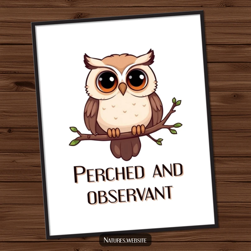 Funny owl poster depicting a curious owl with large, expressive eyes perched on a gently swaying branch.