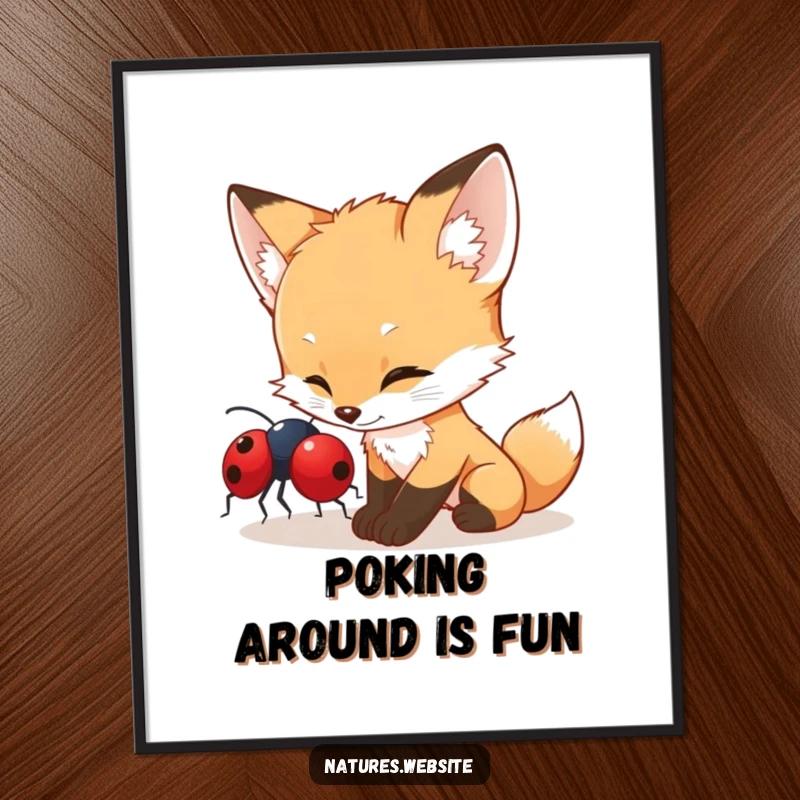 Funny fox cub poster showing a curious cub interacting with a bright red ladybug, capturing a moment of gentle humor and exploration.