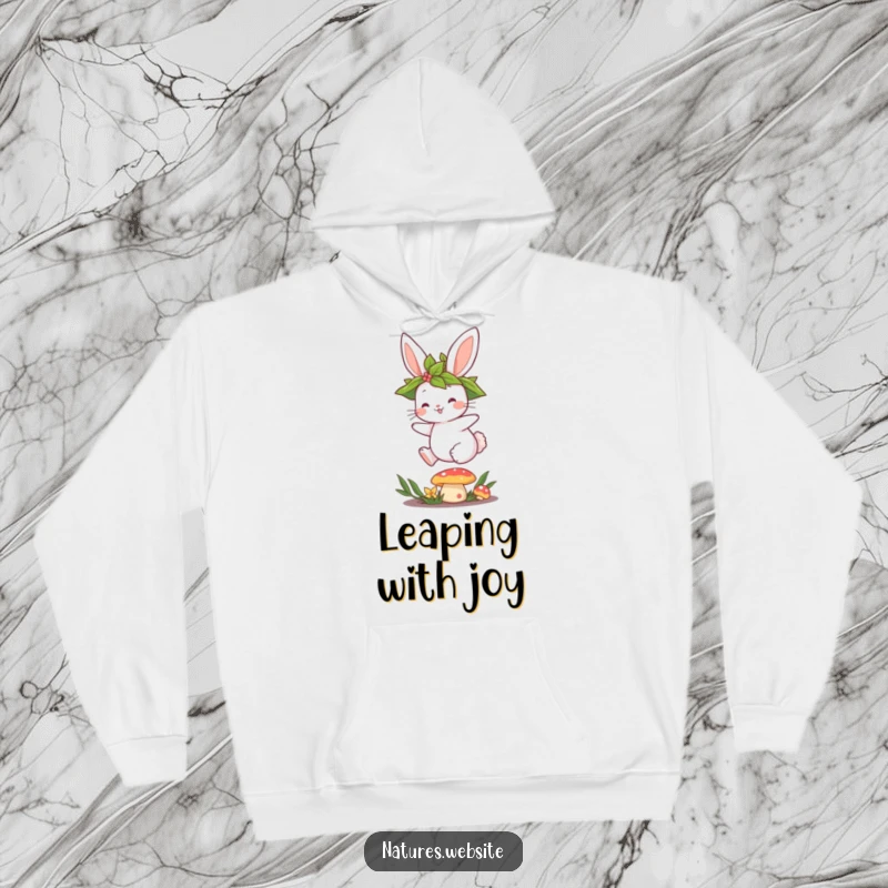 Funny hoodie depicting a cute, crowned bunny hopping over a mushroom, bringing forest charm and warmth.