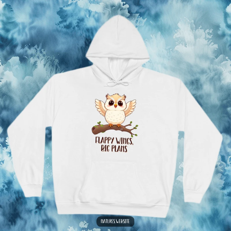 Funny owl chick hoodie featuring a joyful chick flapping tiny wings on a mossy branch, perfect for cozying up with cheerful humor.