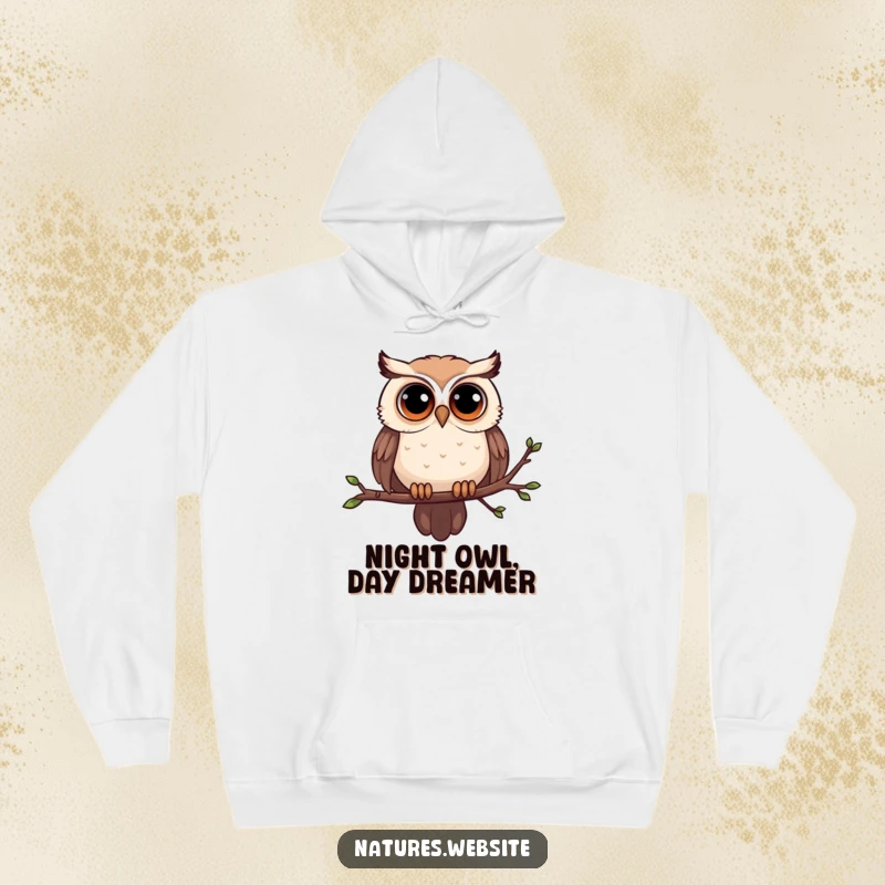 Funny owl hoodie featuring a curious owl with wide eyes resting on a wobbly branch, bringing a touch of humor.