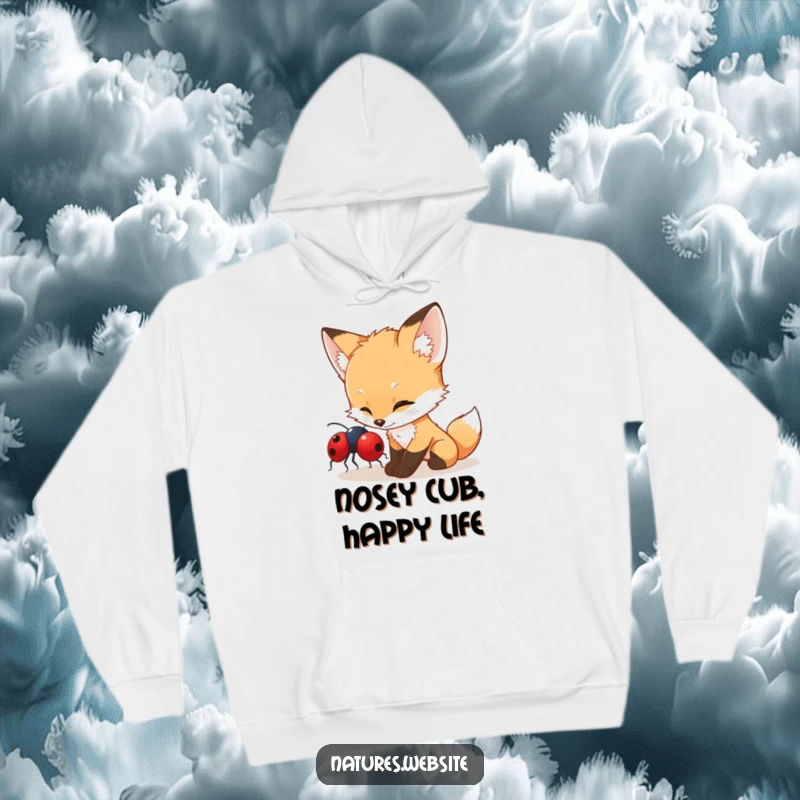 Funny fox cub hoodie showing a curious cub gently nudging a bright red ladybug, perfect for cozying up with gentle humor.