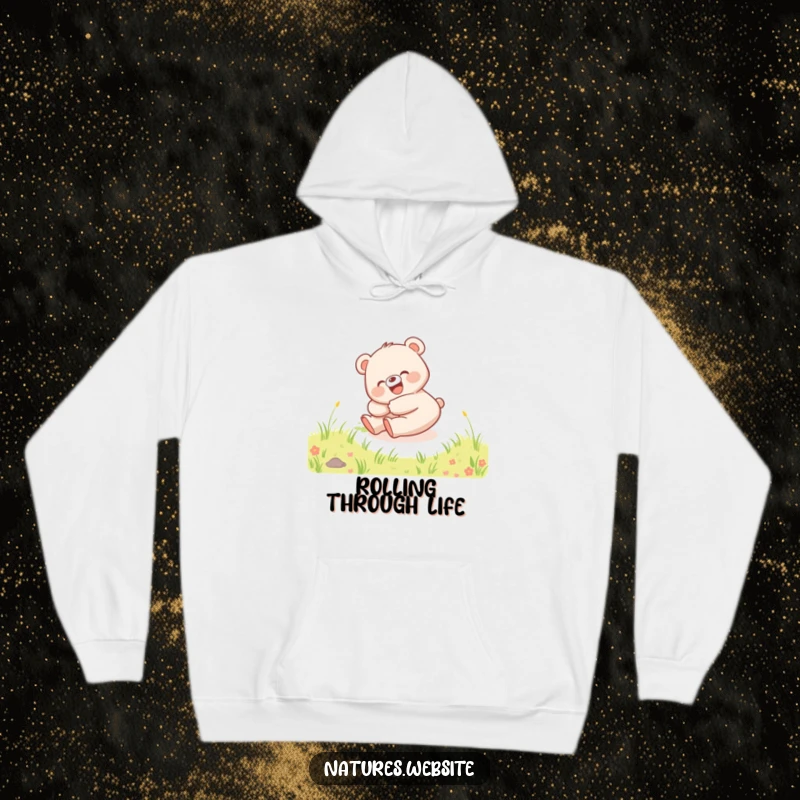 Funny hoodie featuring a happy bear cub rolling down a hill, giggling, perfect for cozy, joyful wear.