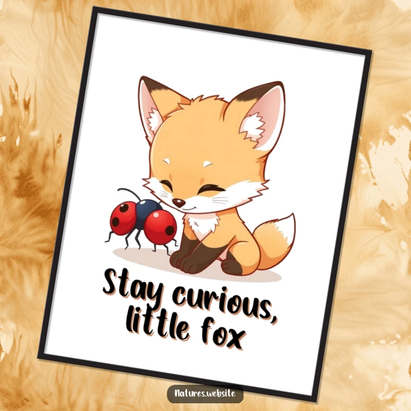 Free Printable Wall Art: A curious fox cub playfully nudges a bright red ladybug in a heartwarming scene.