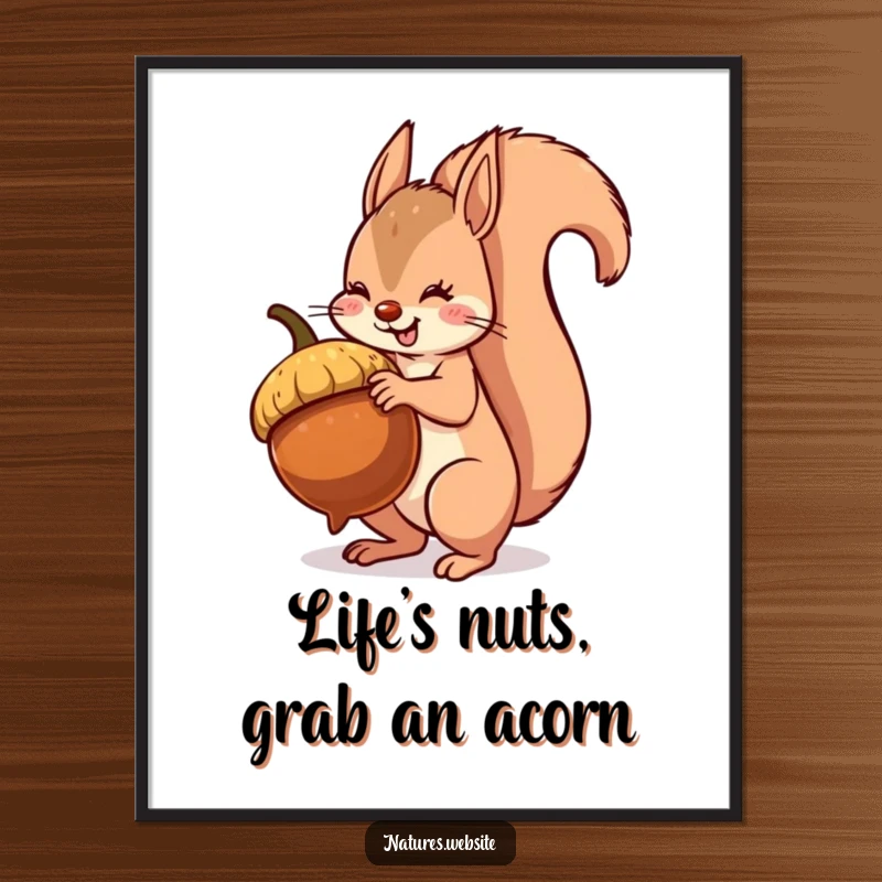 Funny Free Printable Wall Art: A playful squirrel balances a giant acorn, showcasing impressive nutty determination.