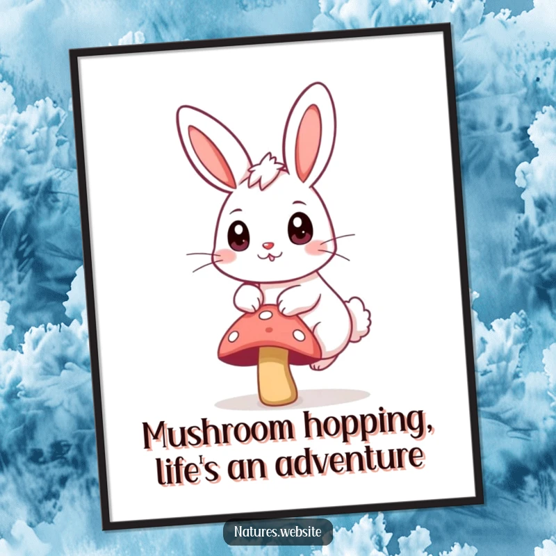 Funny Free Printable Wall Art showing a happy, curious bunny mid-hop over a small mushroom in a whimsical setting.