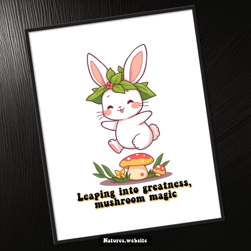 Funny Free Printable Wall Art: A cute bunny in a leaf crown excitedly hopping over a mushroom, ideal for whimsical downloadable art.