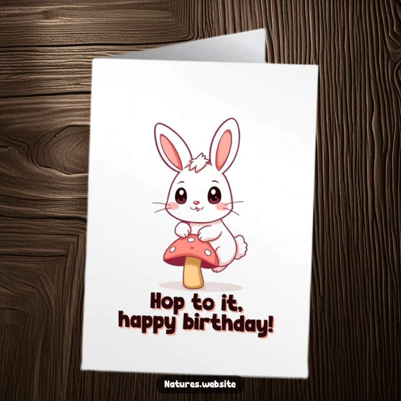 Funny Free Printable Birthday Card: A happy bunny with large curious eyes hops joyfully over a small mushroom.