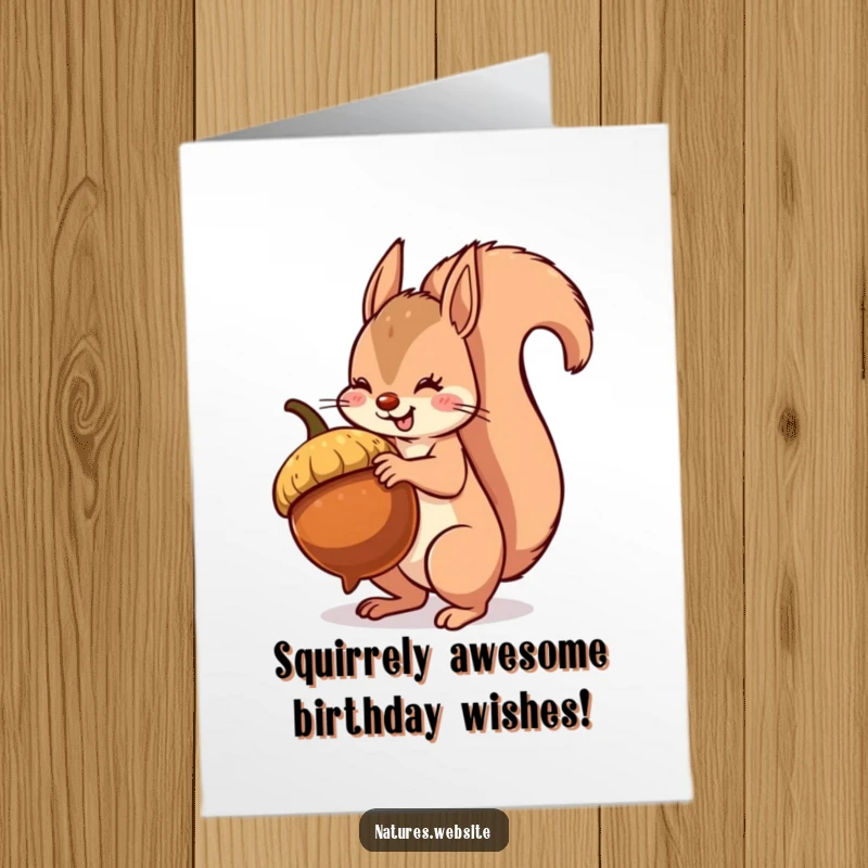 Funny Free Printable Birthday Card: A playful squirrel humorously balances a giant acorn, ready for a birthday surprise.