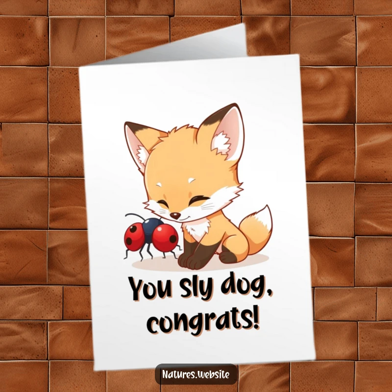 Free Printable Congratulations Card: A curious fox cub playfully interacts with a tiny ladybug, symbolizing new beginnings.