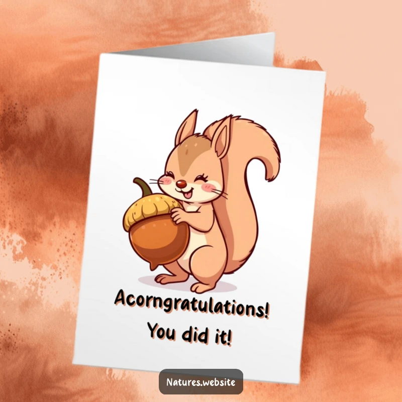 Free Printable Congratulations Card: A cheerful squirrel teeters with a gigantic acorn, symbolizing a balancing act of success.