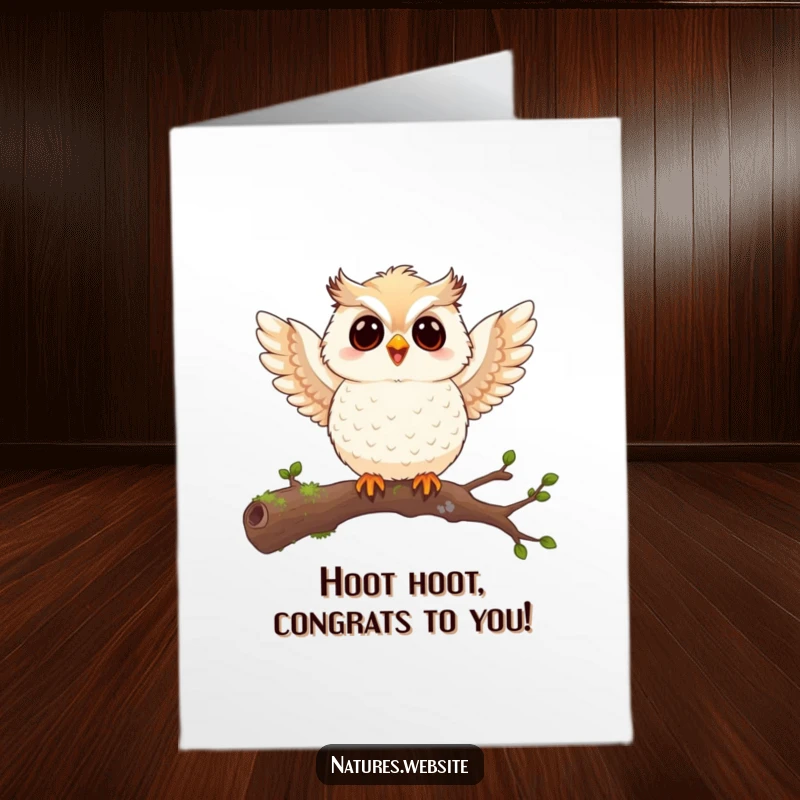 Free Printable Congratulations Card: A happy owl chick flaps its wings energetically, celebrating a momentous occasion.