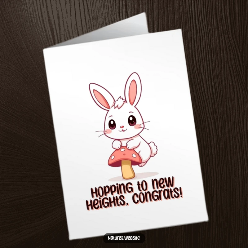 Funny Free Printable Congrats Card: A cute bunny with big eyes happily bounds over a small mushroom.