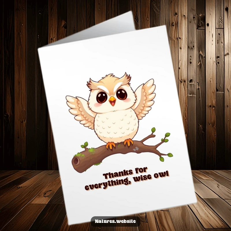 Free Printable Thank You Card: A fluffy owl chick flaps its wings, a symbol of heartfelt appreciation.