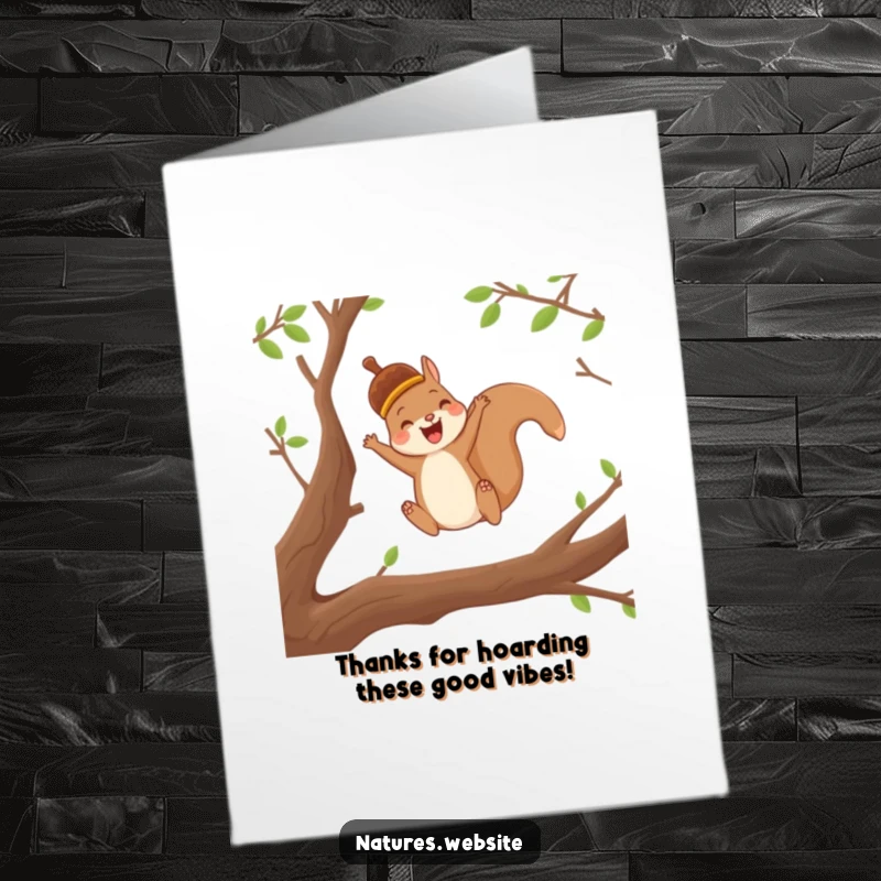 Funny Free Printable Thank You Card: Joyful squirrel with an acorn cap leaping between branches, perfect for a humorous downloadable thank you.