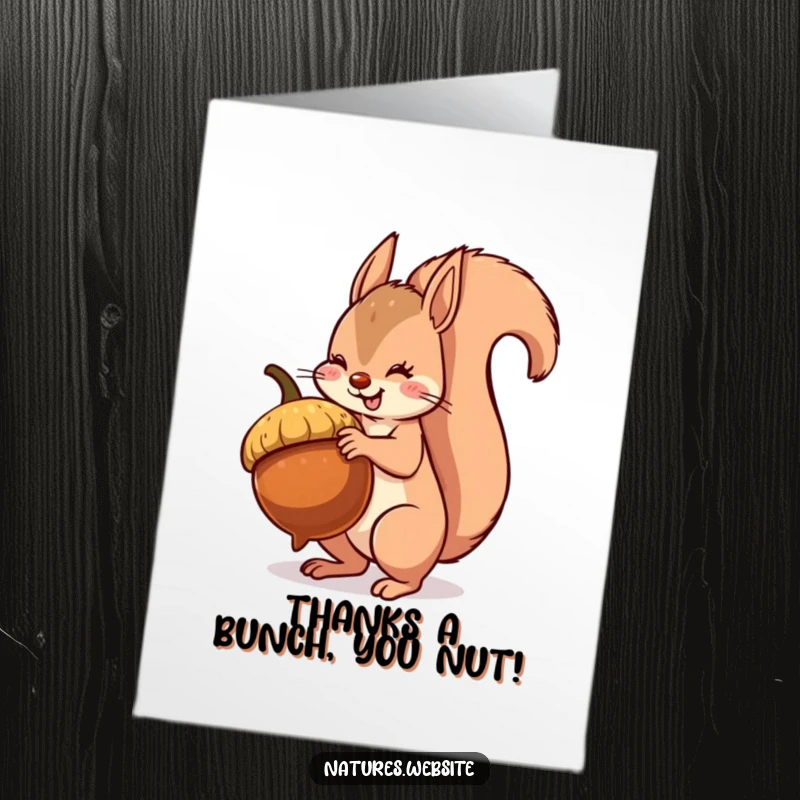 Funny Free Printable Thank You Card: A squirrel with a huge acorn looks thankful for a good harvest.