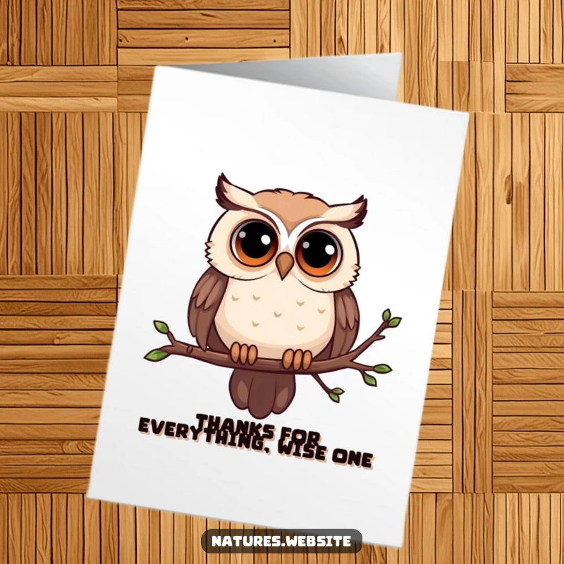 Funny Free Printable Thank You Card: An owl with wide eyes perched on a branch, conveying heartfelt thanks with humor.