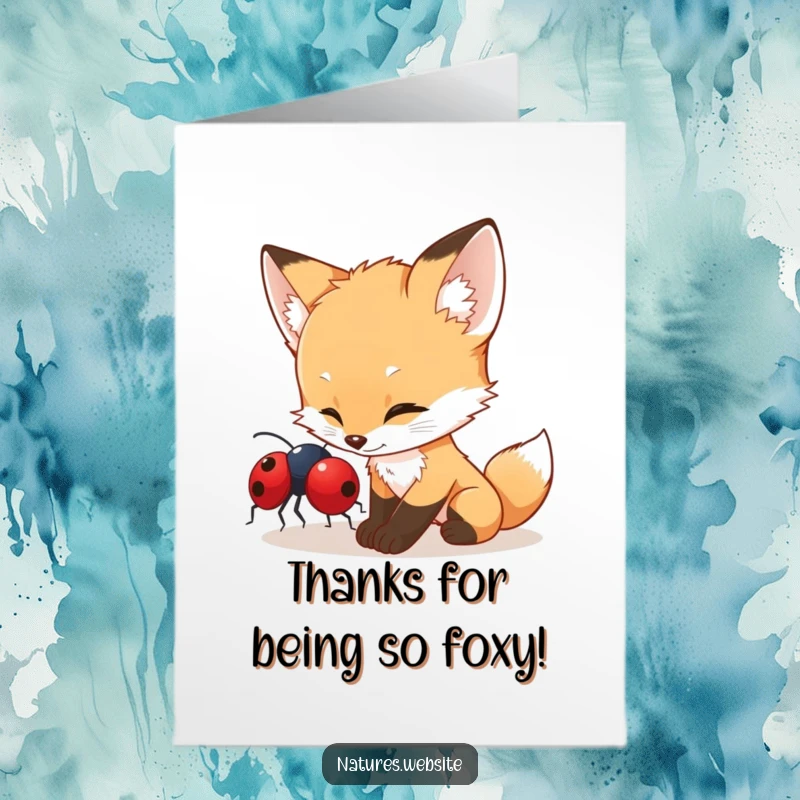 Free Printable Thank You Card: A curious fox cub nudges a ladybug, offering a moment of gentle connection.