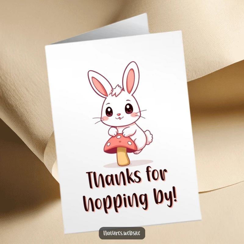 Funny Free Printable Thank You Card: A bouncing bunny with curious eyes happily hops over a tiny mushroom.