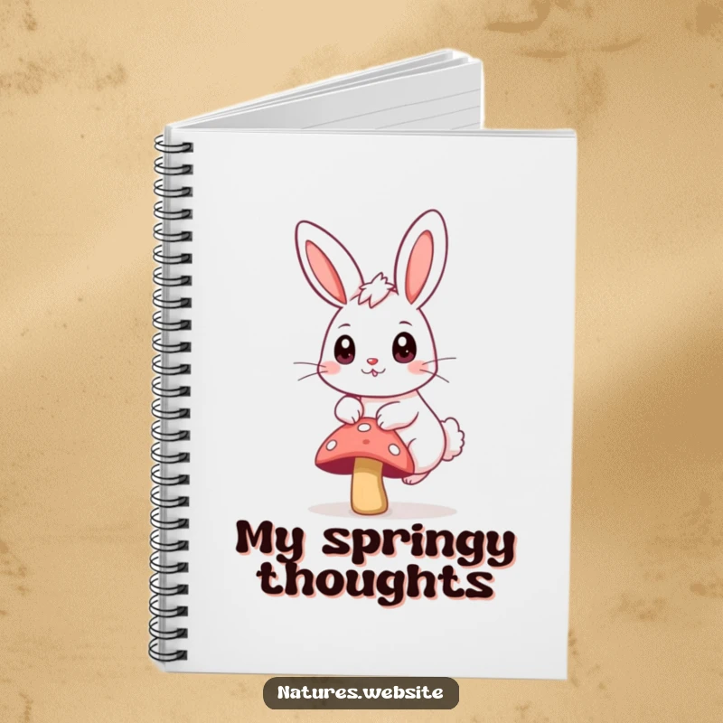 Funny notebook cover with a bouncing bunny, big curious eyes, hopping over a small mushroom.