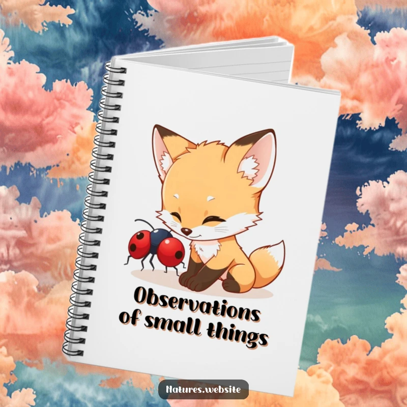 Funny fox cub notebook featuring a curious cub nudging a ladybug, ideal for humorous note-taking and creative thoughts.